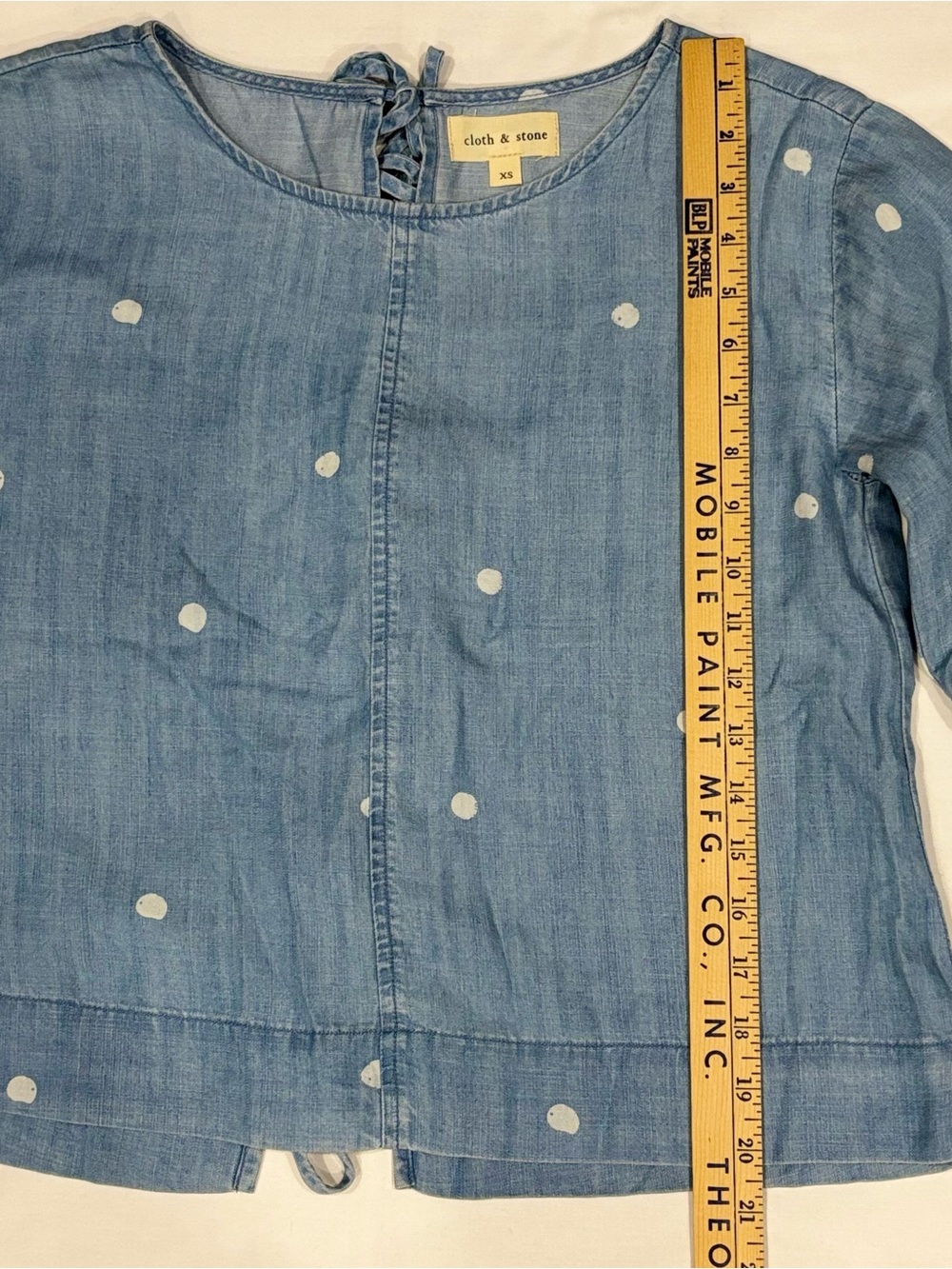 Anthropologie Cloth & Stone Chambray Top XS Polka Dot Flare Sleeve Tie Back - Picture 6 of 8